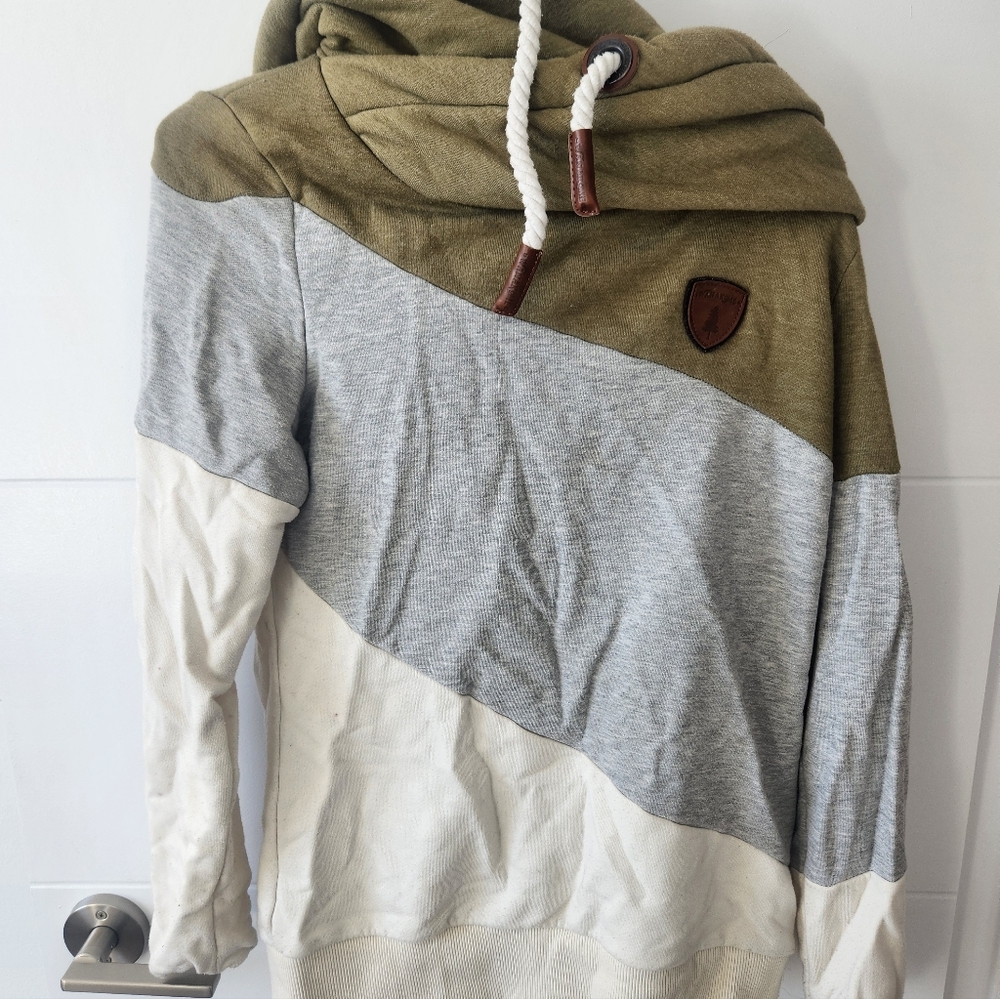 Wanakome Olive and Gray Hoodie with Leather Patch
